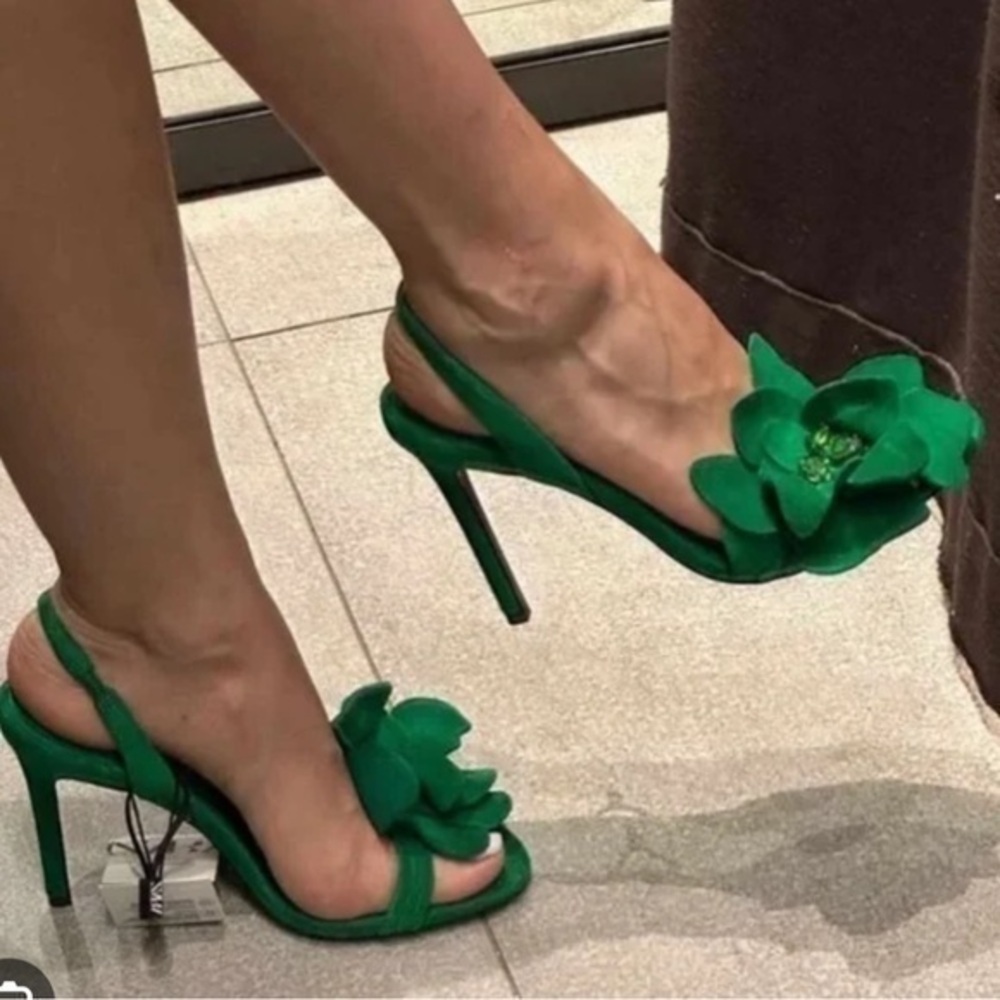 Emerald Green Floral Slingback Stiletto Heels